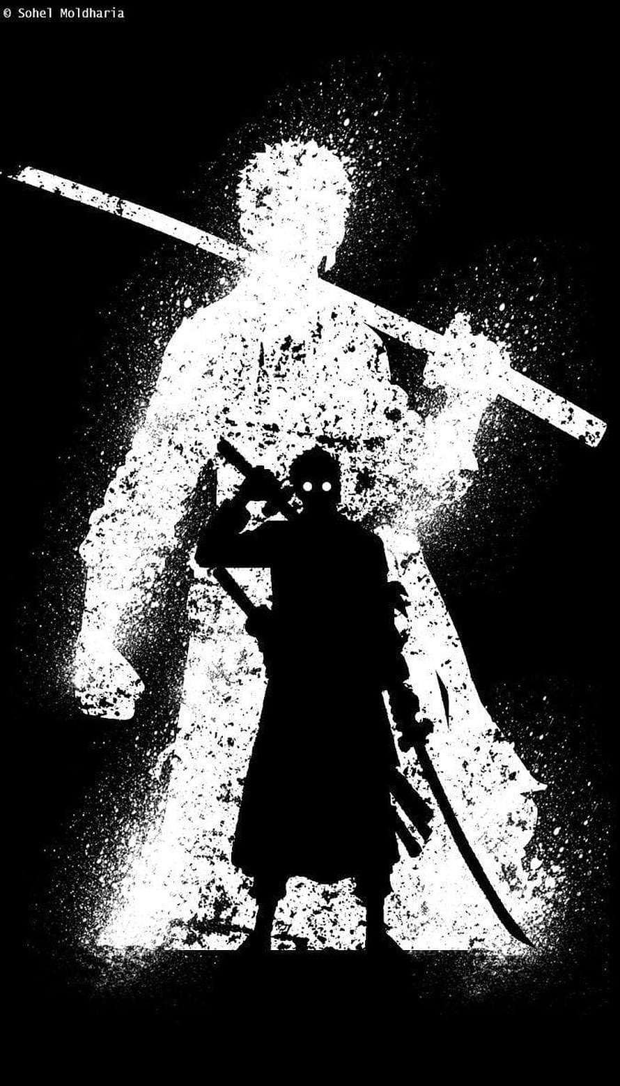 Silhouette of a ninja with glowing eyes and a large sword-wielding figure in high contrast black and white HD phone wallpaper
