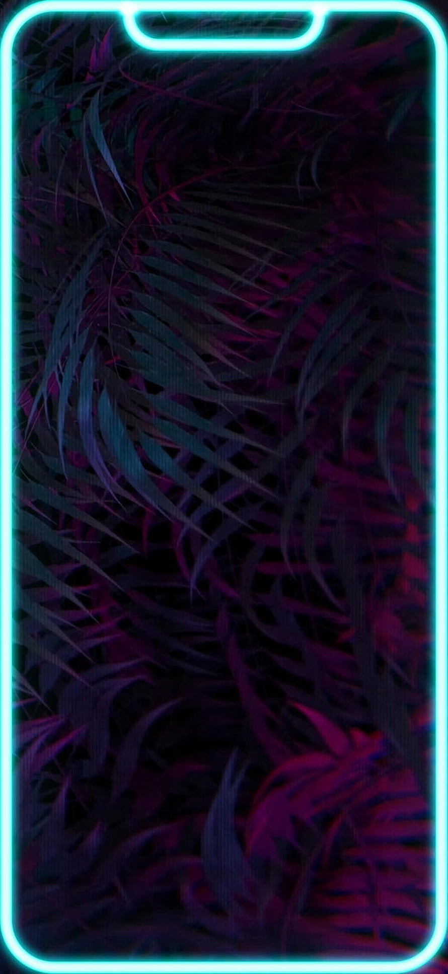 Dark tropical palm leaves with neon cyan border and vaporwave purple lighting HD phone wallpaper