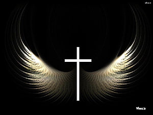 Glowing Christian Cross with Angel Wings on Black Background HD wallpaper