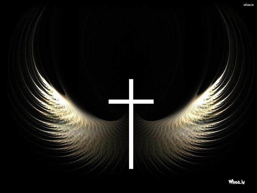 Glowing Christian Cross with Angel Wings on Black Background HD wallpaper