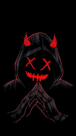 Glowing Red Demon Hoodie Character With Stitched Smile And Horns HD phone wallpaper