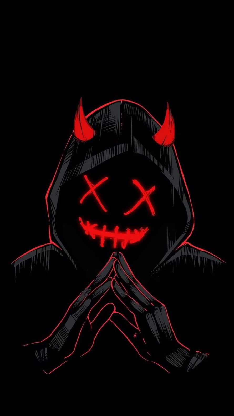 Glowing Red Demon Hoodie Character With Stitched Smile And Horns HD phone wallpaper