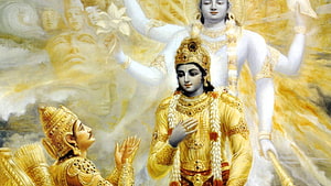 Krishna and Arjuna in the Bhagavad Gita Divine Chariot Scene HD wallpaper