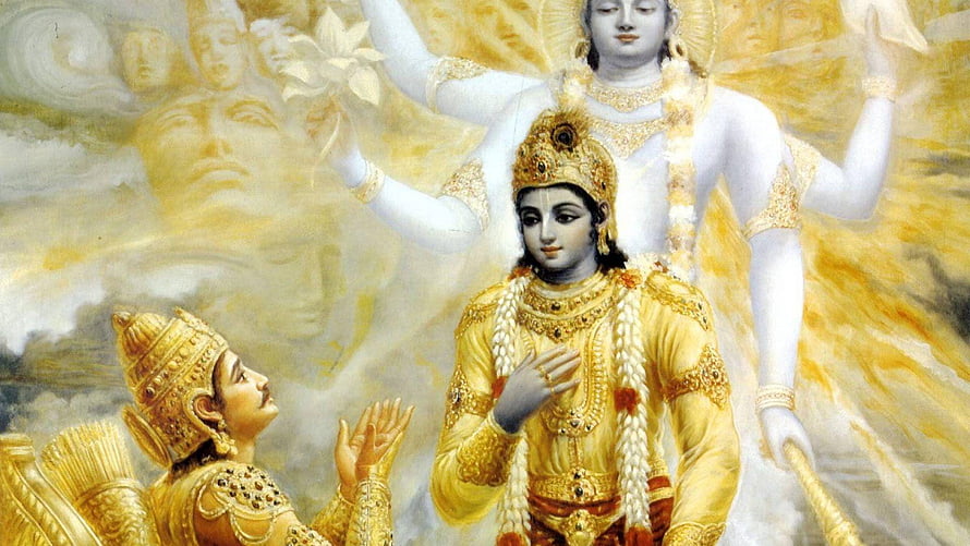 Krishna and Arjuna in the Bhagavad Gita Divine Chariot Scene HD wallpaper
