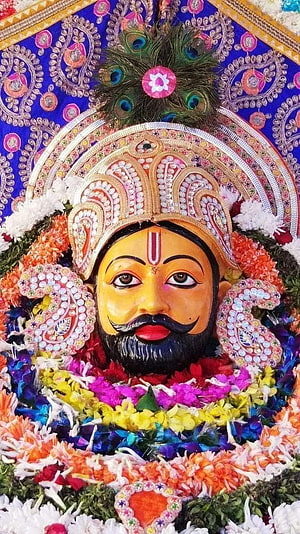 Shyam Baba Murti Adorned With Peacock Feathers And Vibrant Floral Garlands HD phone wallpaper