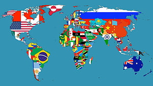 World Map Filled With National Flags of Every Country on a Blue Ocean Background HD wallpaper