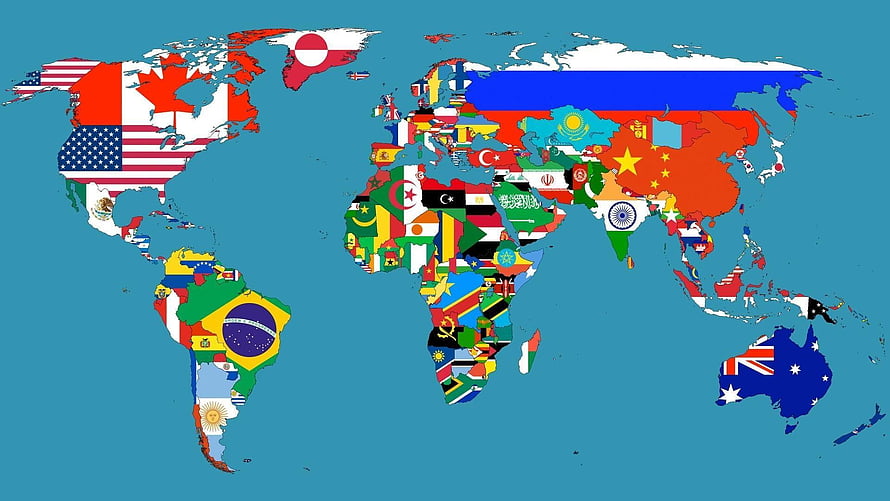 World Map Filled With National Flags of Every Country on a Blue Ocean Background HD wallpaper
