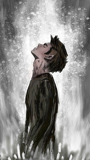 Melancholic Anime Boy Looking Up in Rainy Monochrome Illustration HD phone wallpaper