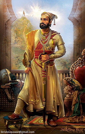 Portrait of a regal Indian king standing with a sword, wearing traditional royal attire and jewelry in a palace setting HD phone wallpaper