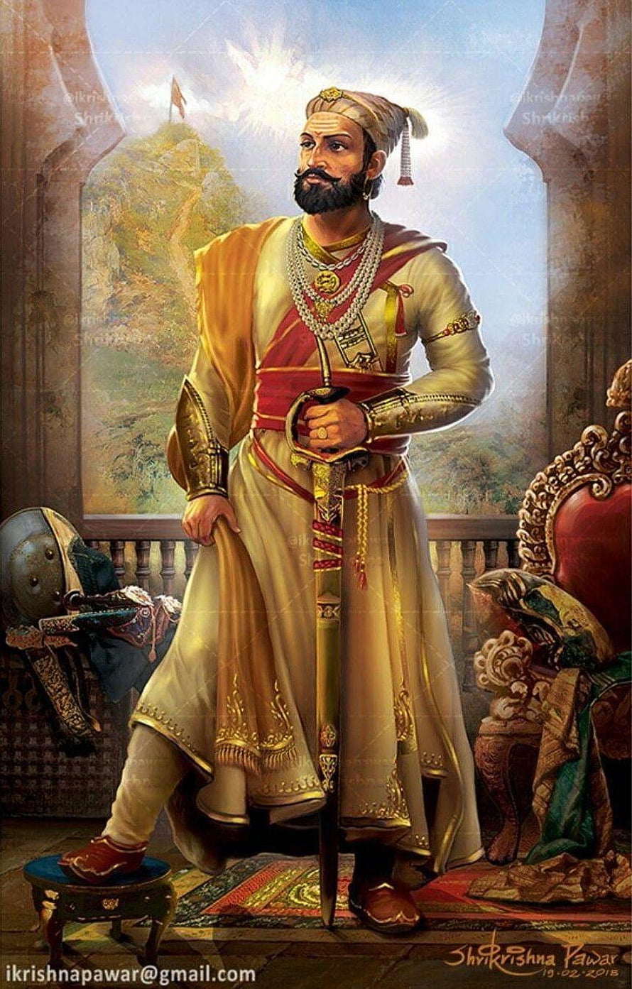 Portrait of a regal Indian king standing with a sword, wearing traditional royal attire and jewelry in a palace setting HD phone wallpaper