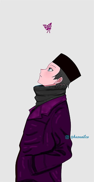 Anime Character in Purple Coat and Black Hat Looking Up at Butterfly HD phone wallpaper
