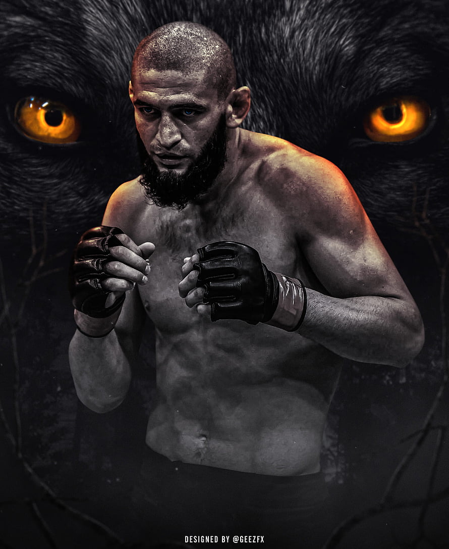 Khamzat Chimaev MMA Fighter Portrait with Fierce Lion Eyes Background HD phone wallpaper