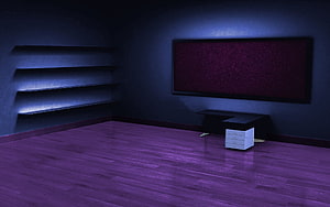 Dark Minimalist Room With Purple Floor And Static Television Screen HD wallpaper