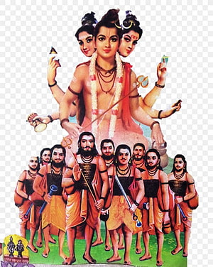 Dattatreya with Three Heads and Multiple Arms Surrounded by Disciples in Traditional Indian Art HD phone wallpaper