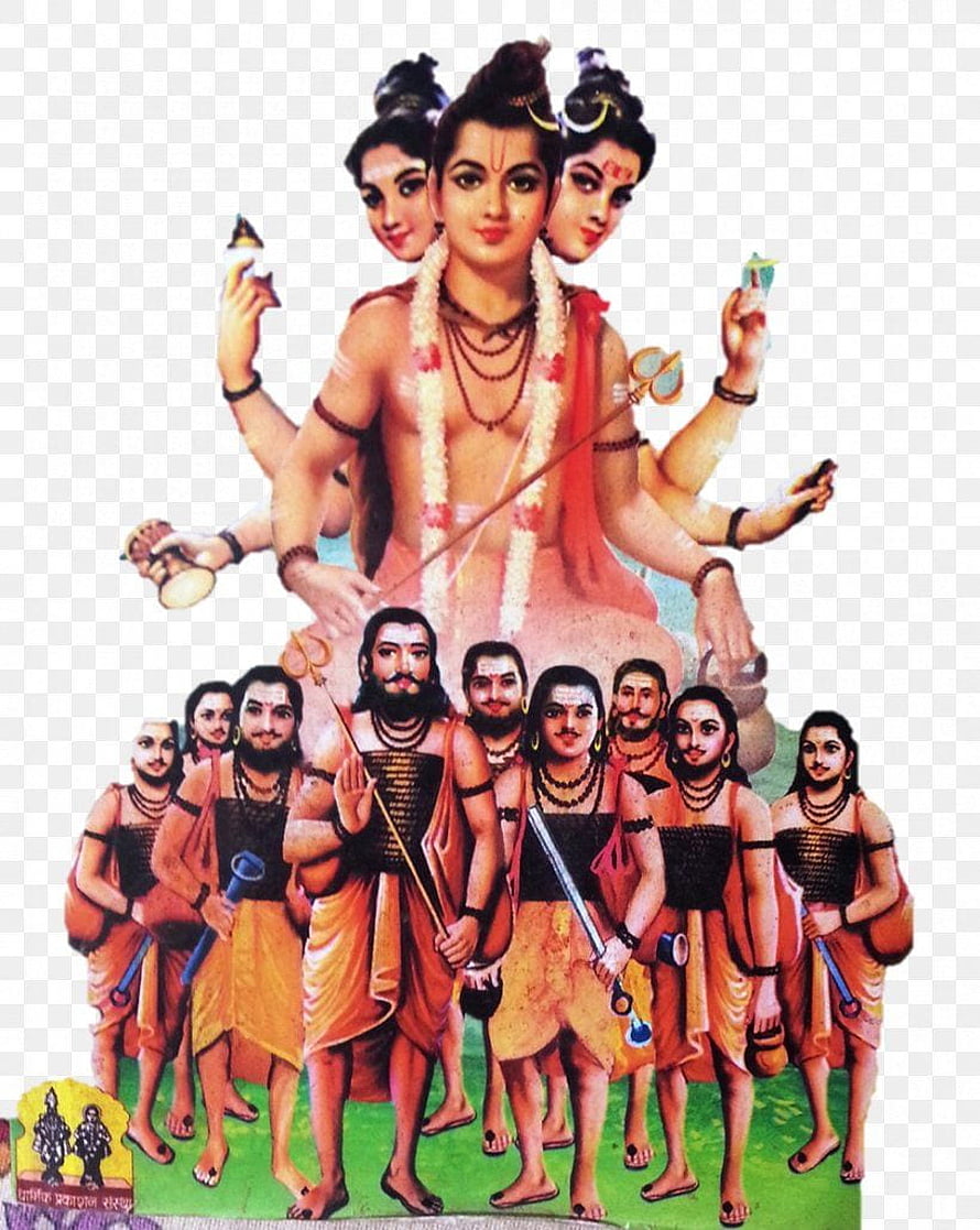 Dattatreya with Three Heads and Multiple Arms Surrounded by Disciples in Traditional Indian Art HD phone wallpaper