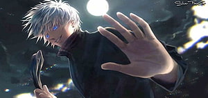 Satoru Gojo from Jujutsu Kaisen Reaching Forward Under a Bright Moon HD wallpaper