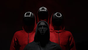 Squid Game Front Man and Guards in Red Hoodies with Geometric Masks, squid game HD wallpaper