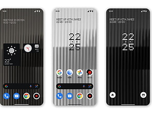 Minimalist Android Home Screen with Vertical Stripes and Dot Matrix Clock Widget HD wallpaper