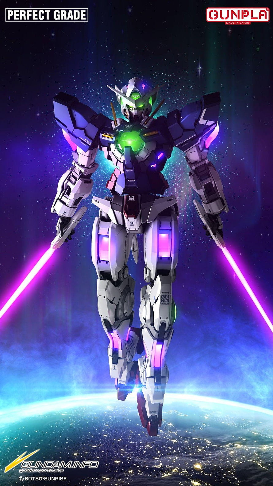 Gundam Exia Perfect Grade Gunpla Model Floating in Space with Purple Beam Sabers HD phone wallpaper
