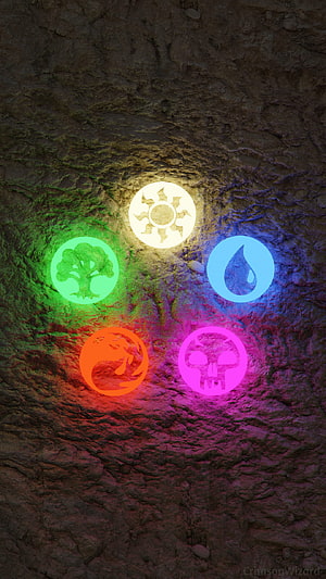 Five Glowing Magic The Gathering Mana Symbols on Dark Stone Surface HD phone wallpaper