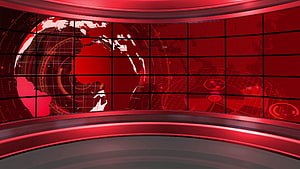 Red Digital News Broadcast Studio Set with Global Map Display HD wallpaper