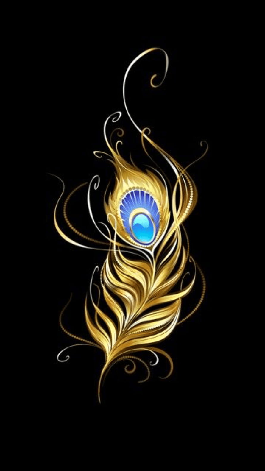 Elegant Golden Peacock Feather with Blue Jewel Eye on Black Background HD phone wallpaper