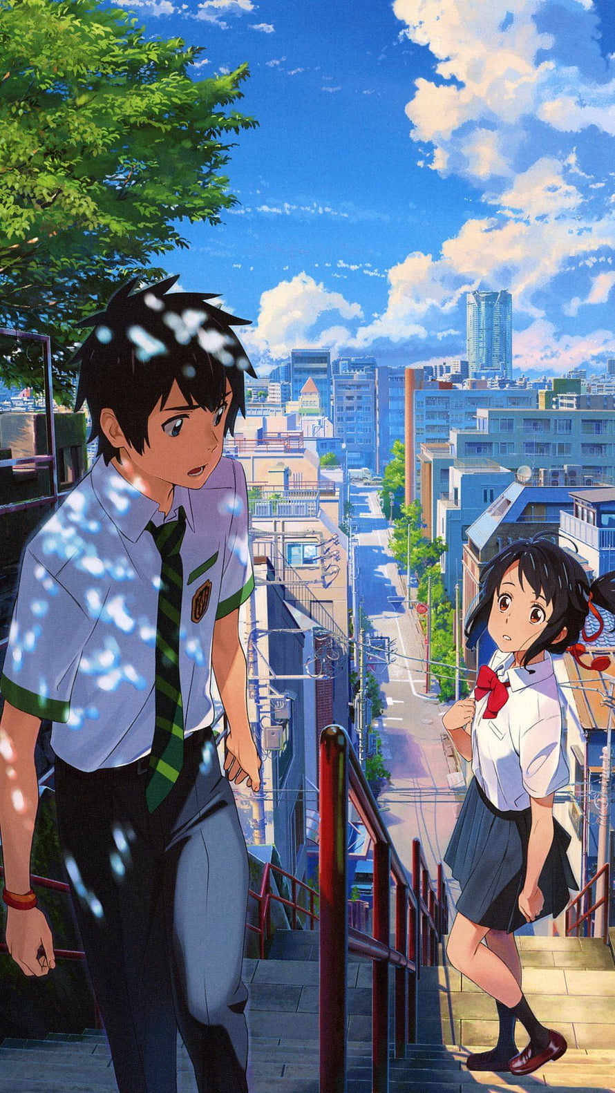 Taki and Mitsuha from Your Name Anime Standing on Stairs in City HD phone wallpaper