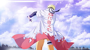 Naruto Uzumaki as the Fourth Hokage standing against a bright sky with clouds HD wallpaper