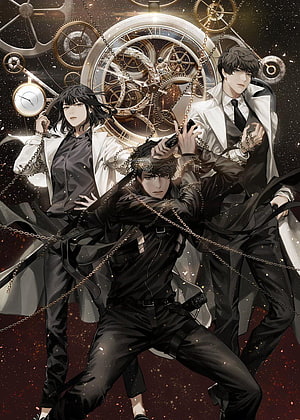 Three Anime Men in Suits with Chains and Steampunk Clockwork Gears Background HD phone wallpaper
