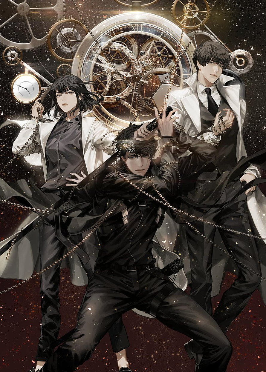 Three Anime Men in Suits with Chains and Steampunk Clockwork Gears Background HD phone wallpaper