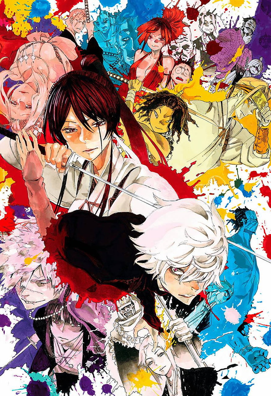 Jigokuraku Anime Character Collage with Vibrant Paint Splatter Background HD phone wallpaper