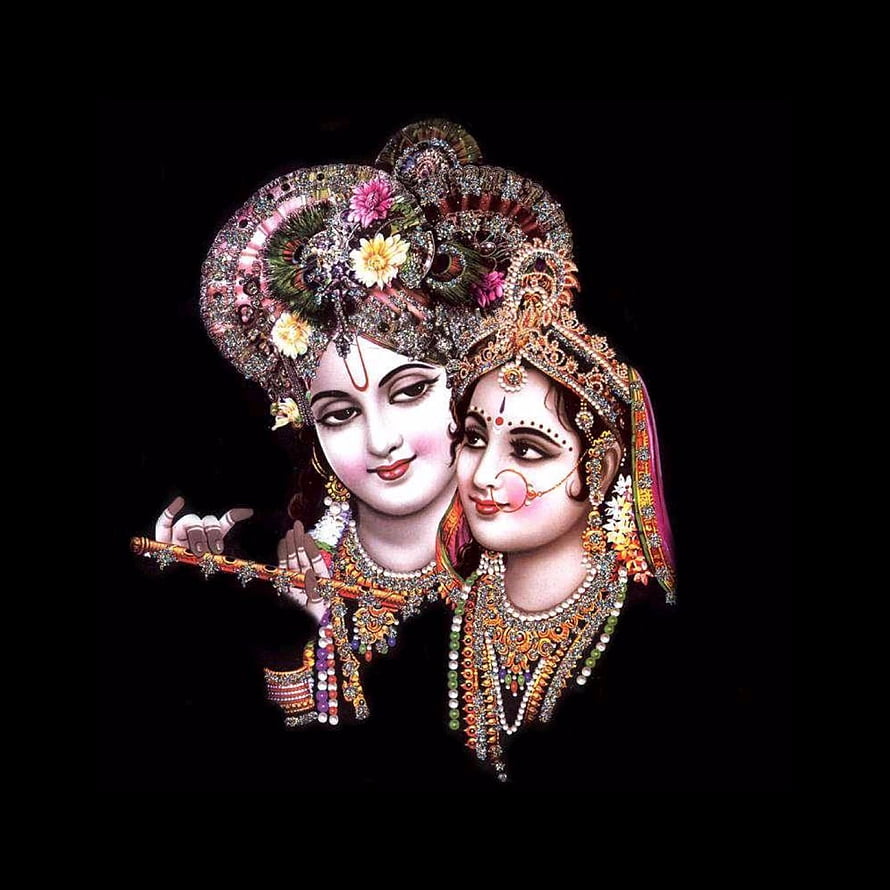 Lord Krishna and Radha in ornate traditional attire with a flute on a black background HD phone wallpaper