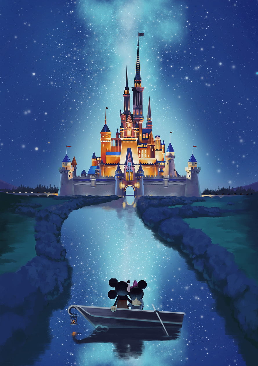 Mickey and Minnie Mouse in a boat rowing towards a magical illuminated castle under a starry night sky HD phone wallpaper