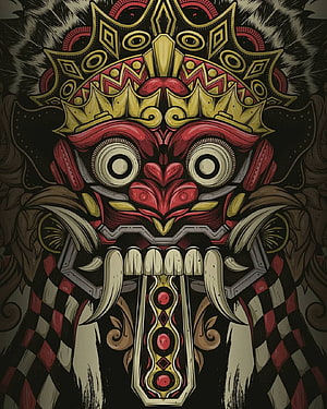 Barong Bali Traditional Mask Illustration with Intricate Gold and Red Ornamental Patterns HD phone wallpaper