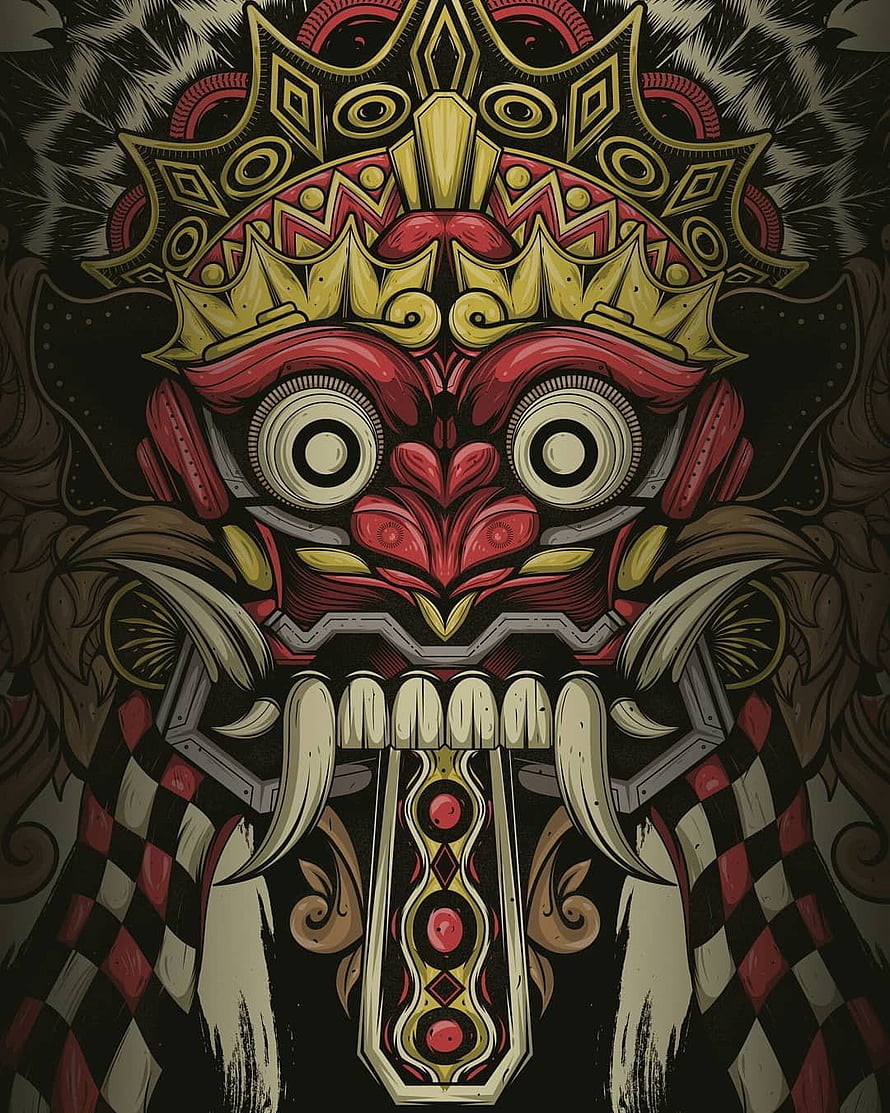 Barong Bali Traditional Mask Illustration with Intricate Gold and Red Ornamental Patterns HD phone wallpaper