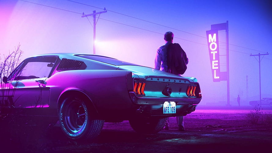 Retro Ford Mustang in Neon Purple Haze with Motel Sign and Lone Figure HD wallpaper