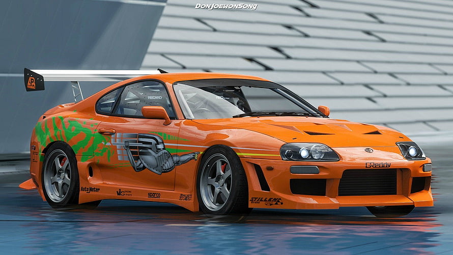 Orange Toyota Supra MK4 with Green Graphics and Racing Livery HD wallpaper