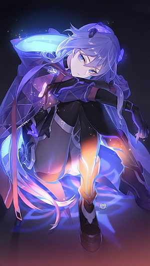 Fu Hua from Honkai Impact 3 in a glowing purple and blue anime illustration HD phone wallpaper
