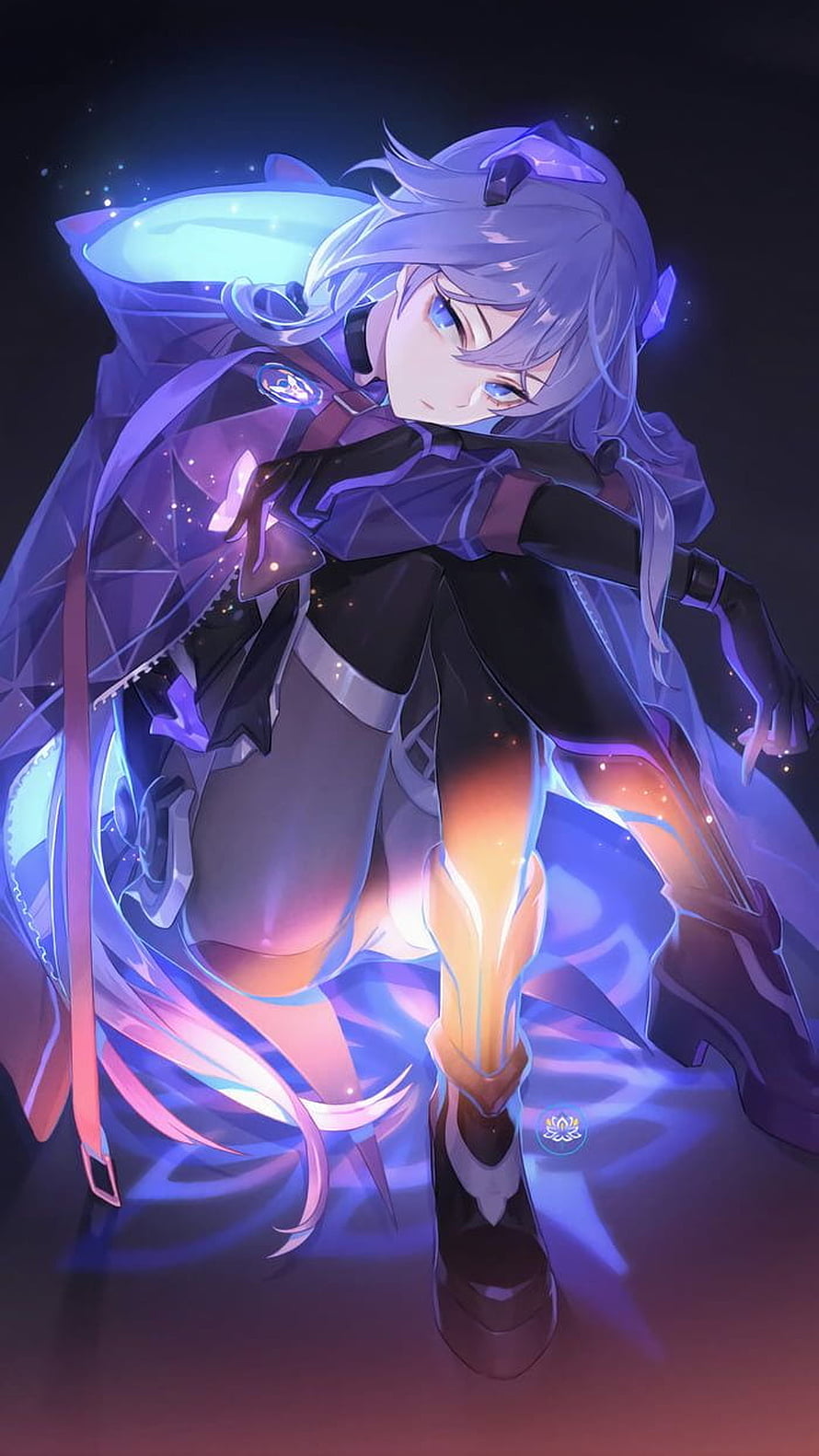 Fu Hua from Honkai Impact 3 in a glowing purple and blue anime illustration HD phone wallpaper