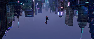 Miles Morales Spider-Man Falling Through Upside Down Cityscape, SpiderMan Into The Spider Verse 2018 Movie, Movies,, spider man into the spider verse HD wallpaper