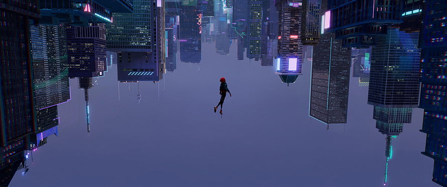 Miles Morales Spider-Man Falling Through Upside Down Cityscape, SpiderMan Into The Spider Verse 2018 Movie, Movies,, spider man into the spider verse HD wallpaper