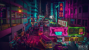 Neon-lit Hong Kong street at night with vibrant cyberpunk color grading HD wallpaper