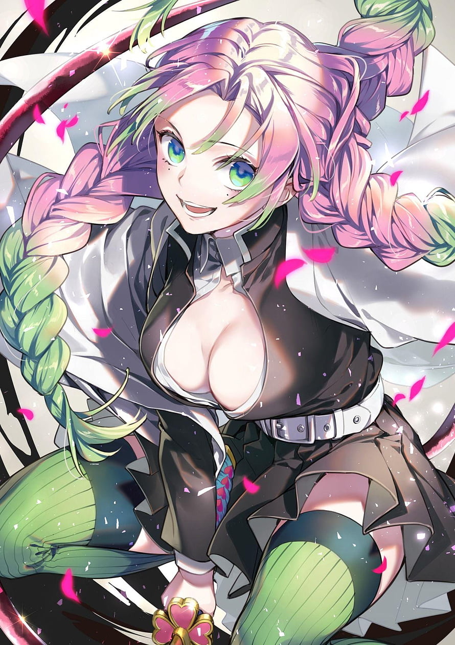 Mitsuri Kanroji from Demon Slayer in a dynamic anime illustration with pink and green braided hair HD phone wallpaper