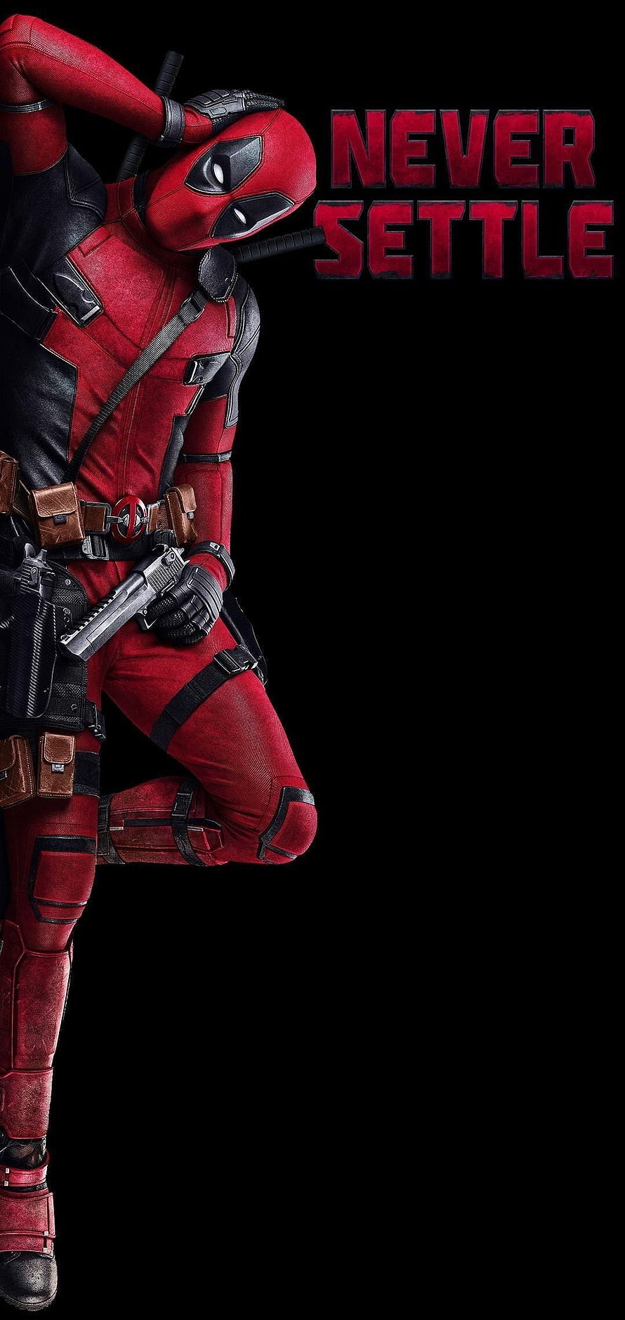 Deadpool in Red and Black Suit Leaning Against Black Background with Guns HD phone wallpaper