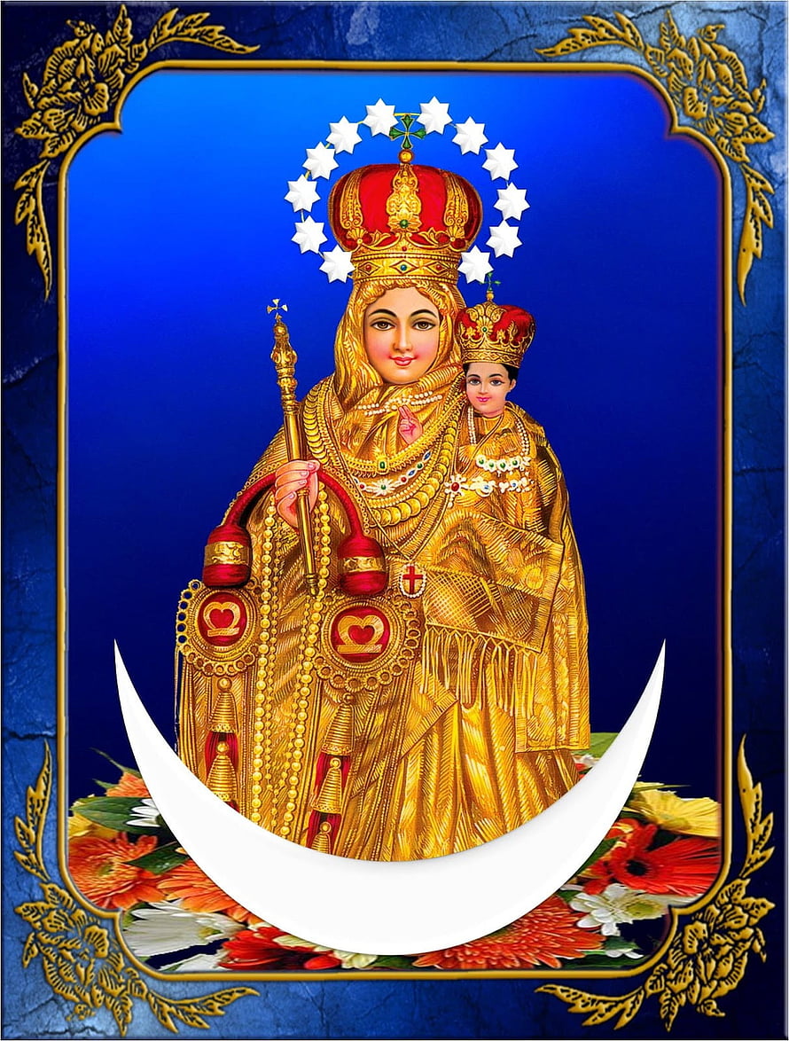 Velankanni Mary Devotional Artwork with Crown and Crescent Moon HD phone wallpaper