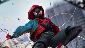 Miles Morales Spider-Man in Action with Red Hoodie and Web Swings, Cool Miles Morales Spiderman, miles morales spider man HD wallpaper