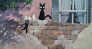 Jiji and the White Kittens on a Stone Wall in Kiki's Delivery Service Anime Scene HD wallpaper