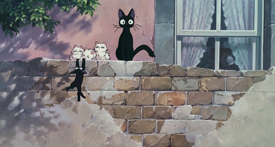 Jiji and the White Kittens on a Stone Wall in Kiki's Delivery Service Anime Scene HD wallpaper
