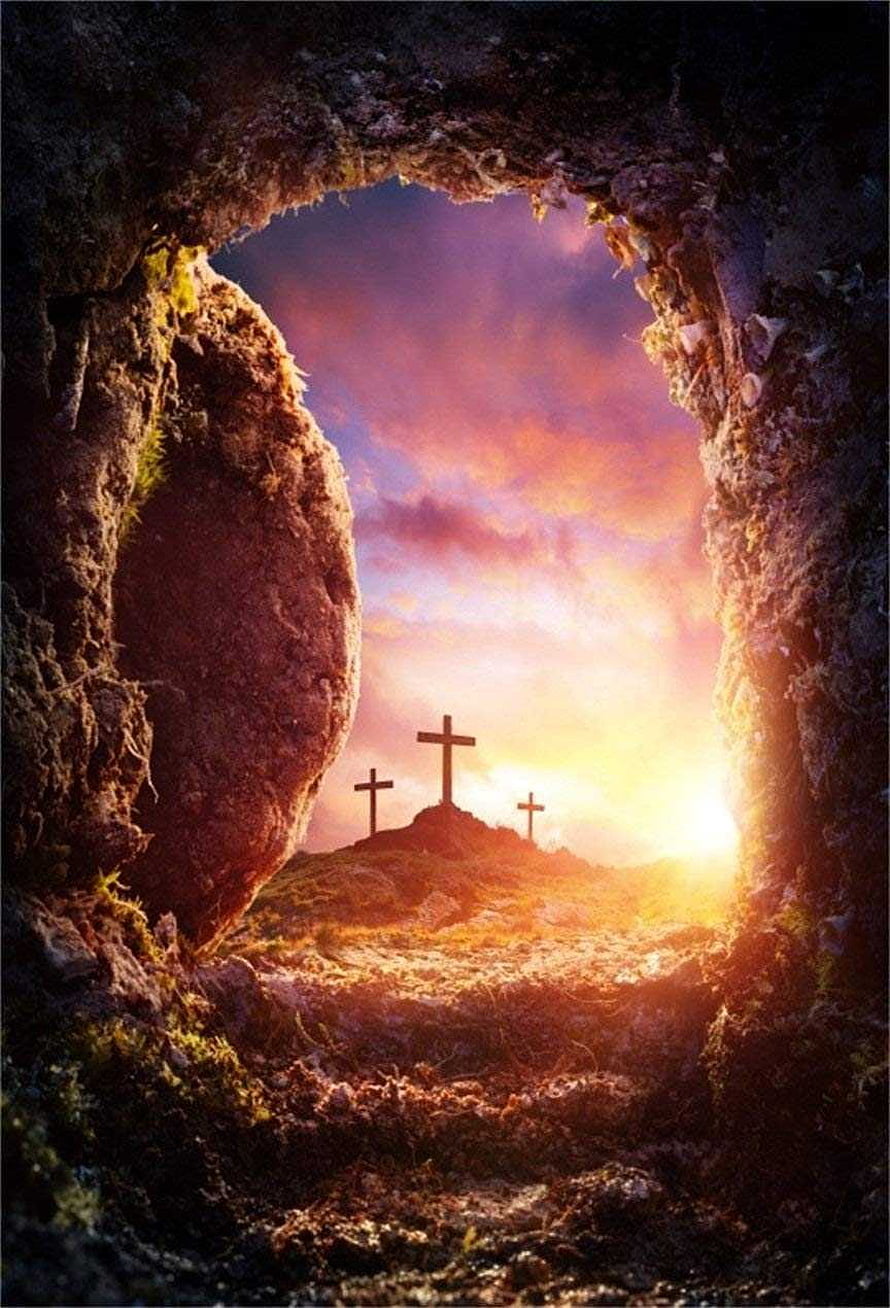 Three Crosses on Golgotha at Sunset Viewed Through a Rocky Cave Opening HD phone wallpaper