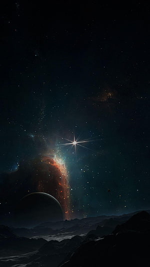 Stunning Space Wallpaper Featuring a Glowing Star, Colorful Nebula, and Rocky Alien Landscape HD phone wallpaper
